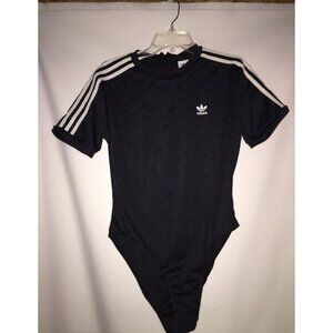 Adidas Womens Large Black Monogram Short Sleeve Bodysuit With 3-Stripes & Logo
